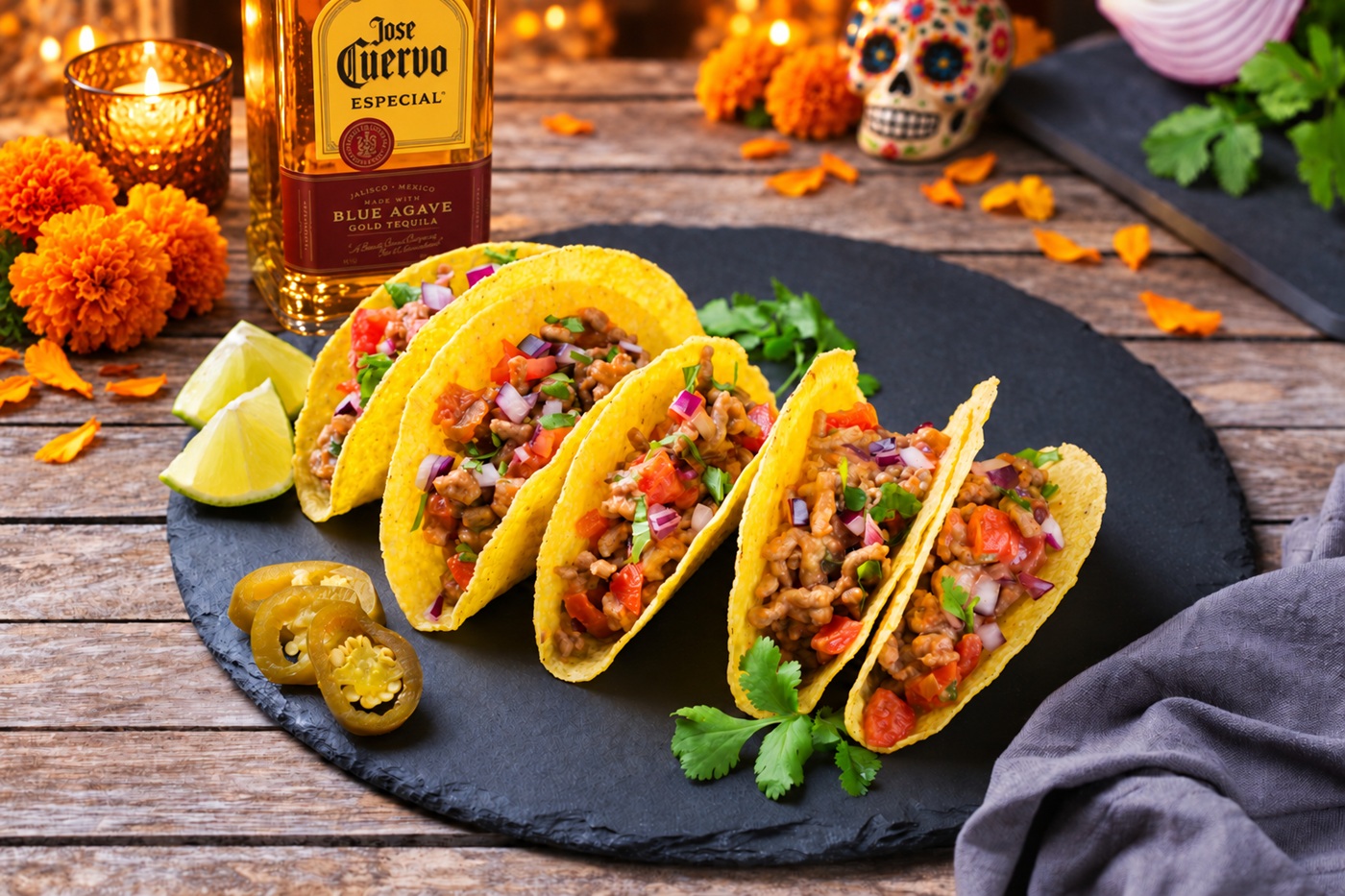 Ostre potrawy na Halloween - tequila Jose Cuervo, whiskey Sexton i rum Kraken.