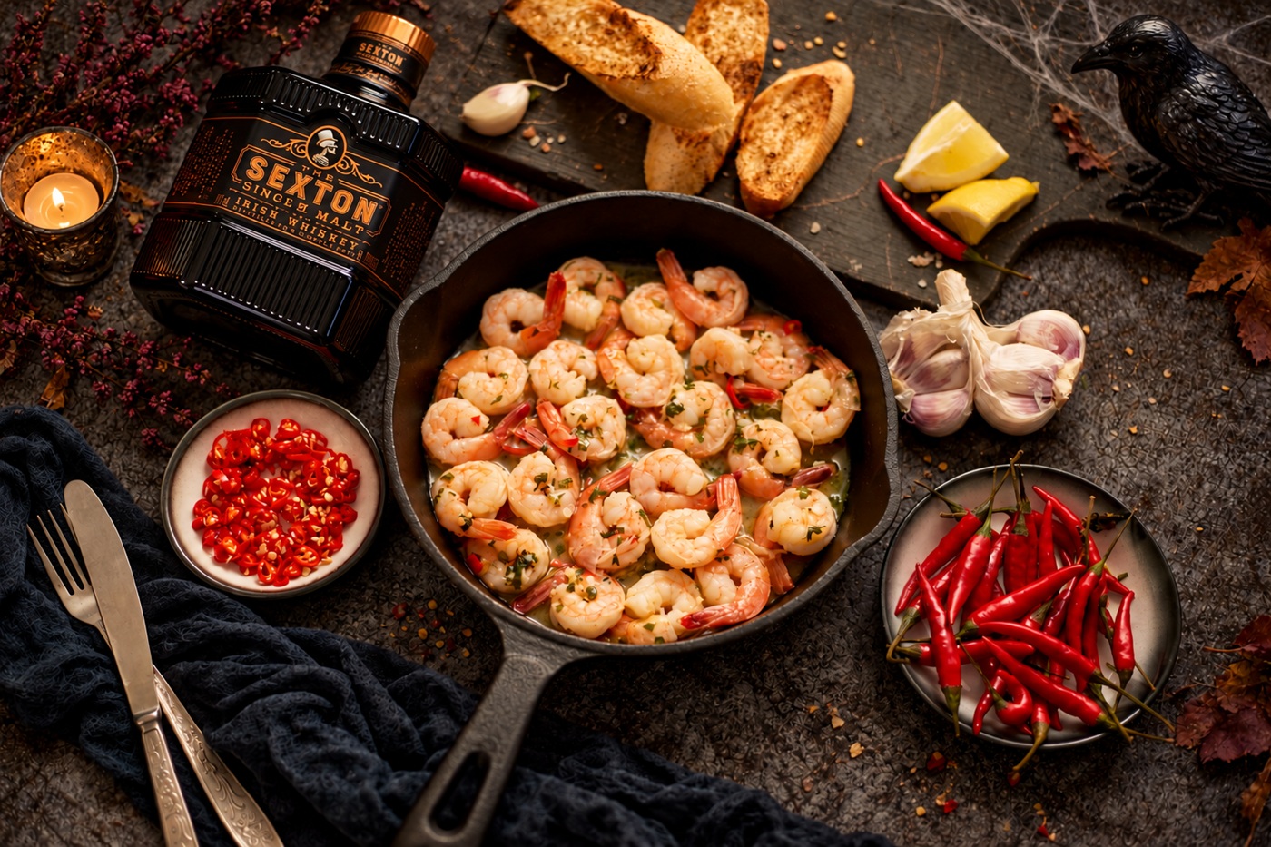 Ostre potrawy na Halloween - tequila Jose Cuervo, whiskey Sexton i rum Kraken.