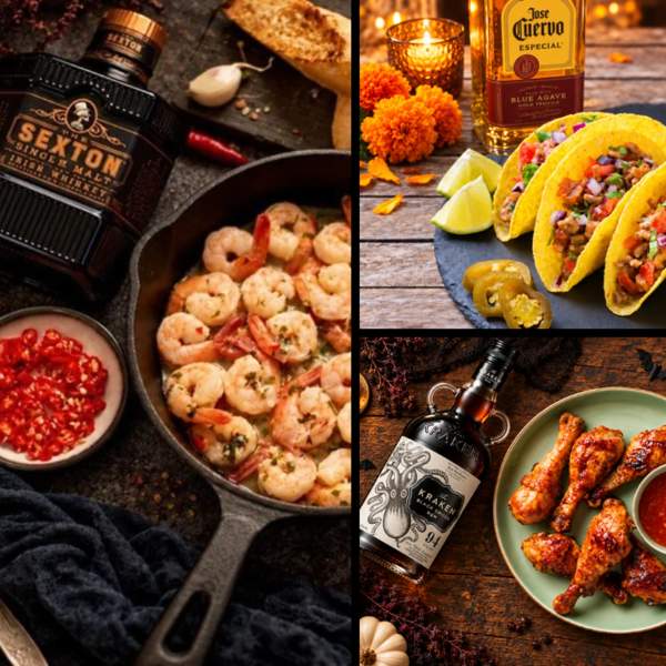 Ostre potrawy na Halloween - tequila Jose Cuervo, whiskey Sexton i rum Kraken.