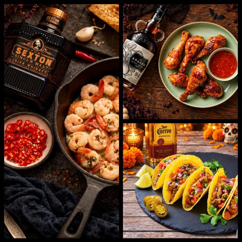 Ostre potrawy na Halloween - tequila Jose Cuervo, whiskey Sexton i rum Kraken.